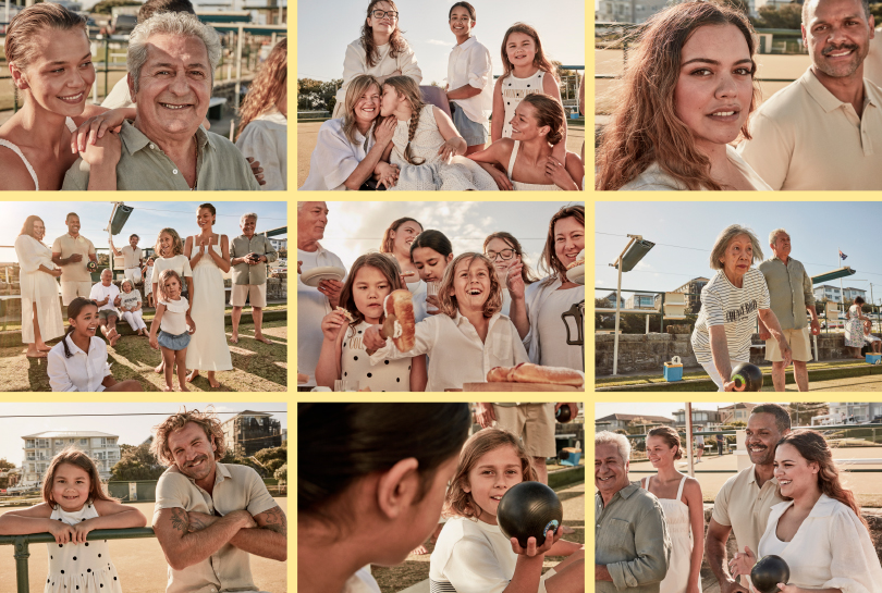 Collage of families and groups of people of mixed ages outdoors on a sunny day, some playing lawn bowls and other socializing.