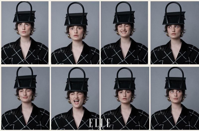 Model Zelda Adams balancing a structured black handbag on her head in an eight-panel grid portrait for Elle China.