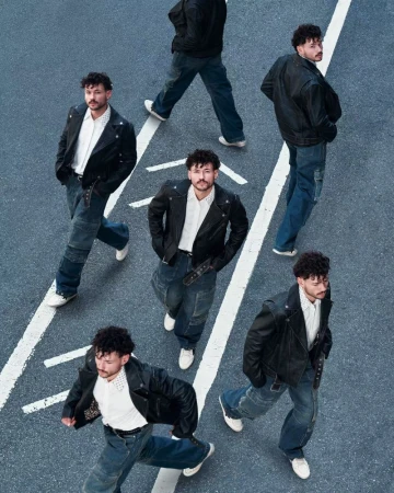 Multiple images of a man wearing a black leather jacket, white shirt, and jeans walking in different directions on an asphalt road.