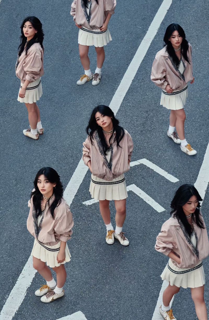 Overhead shot of a group of young Asian women in matching outfits standing on a gray asphalt street with white painted stripes.