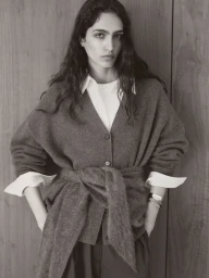 Model wearing a grey cashmere cardigan and white shirt against wood paneling for COS Cashmere campaign