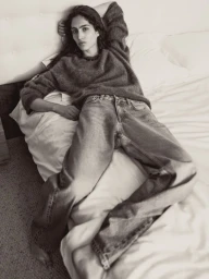 Model Sara Caballero reclining on a bed wearing a fuzzy grey knit sweater and relaxed denim jeans in black and white.