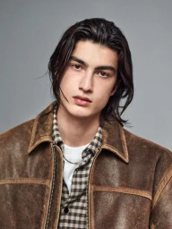 A young man with long dark hair wearing a distressed brown leather jacket and plaid shirt against a grey studio backdrop.