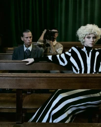 Model Olga Lane in a black and white striped dress seated on a wooden pew in front of two men and green curtains.