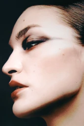 Close-up profile portrait of a woman with dramatic dark eye makeup and neutral lipstick against a dark background