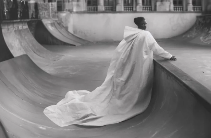 Black-skinned model poses in a flowing white hooded cape at an empty skate park, creating a striking contrast and fashion-forward image.