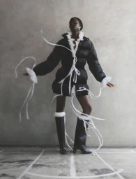 Model Nyakong Chan wearing a black puffer jacket and tall boots with flowing white ribbons in a Numéro France fashion editorial