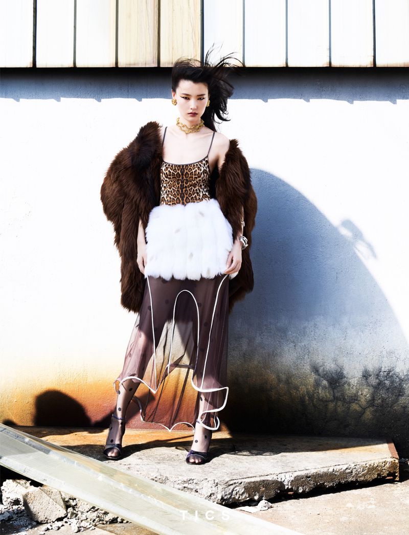 Woman poses outdoors in fashion shoot with animal print top, furry coat, sheer skirt, and heels against a textured white wall.