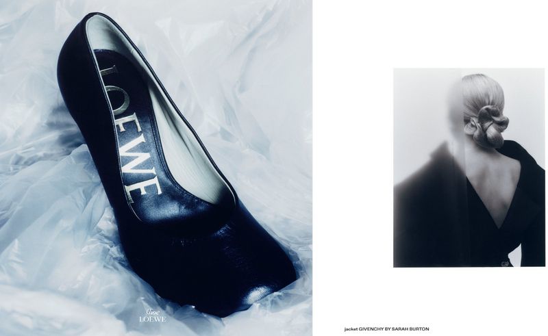 Black Loewe pump on white fabric next to a woman in Givenchy jacket against a bright backdrop, fashion editorial photography.
