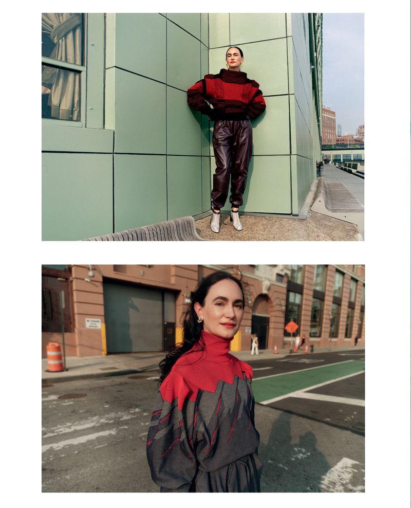 A woman in a red and black top with red pants poses against a green wall in a top shot, while another woman poses in a street shot.