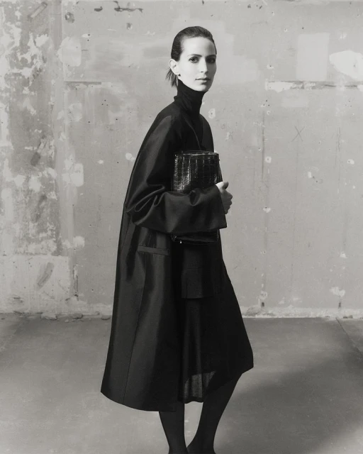 Jeanne Cadieu holding a dark structured handbag wearing a black coat against a weathered wall for Totême