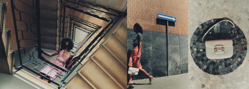 Fashion shot featuring a woman on a staircase, another walking on a sidewalk near a sign, and a handbag resting on a tiled surface.