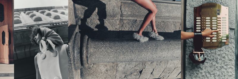 Fashion editorial collage with a wooden door, woman in retro dress, shadow of a man, woman's legs in slippers, and an intercom.