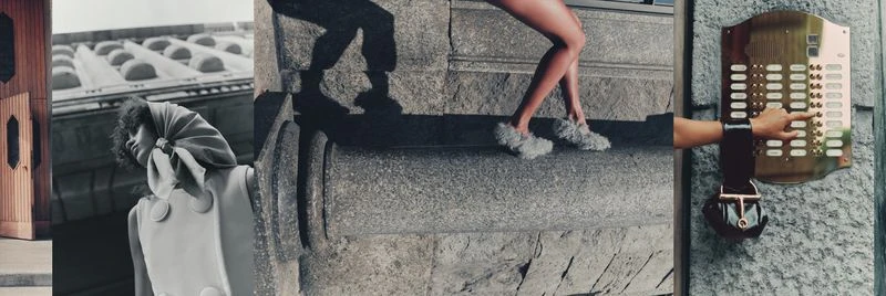 Fashion editorial collage with a wooden door, woman in retro dress, shadow of a man, woman's legs in slippers, and an intercom.