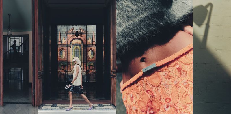 A woman walks through a building entrance and a close-up of skin wearing a lace garment are juxtaposed in a fashion editorial.