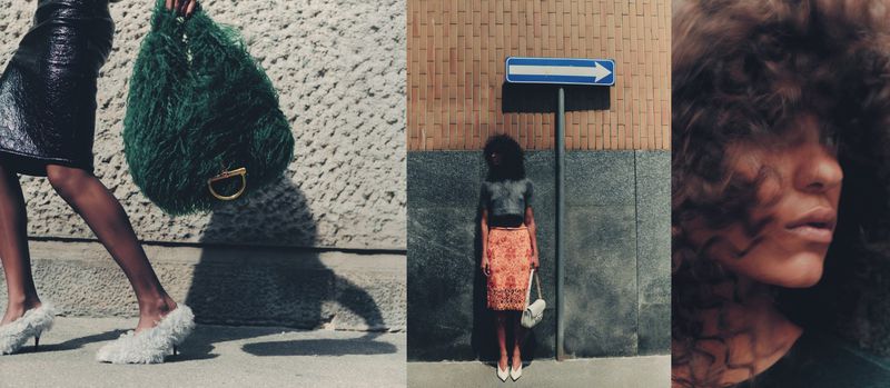 Three panels showcasing fashion: a model with an oversized green bag and fuzzy shoes, a woman with a sign, and a close-up of a face.