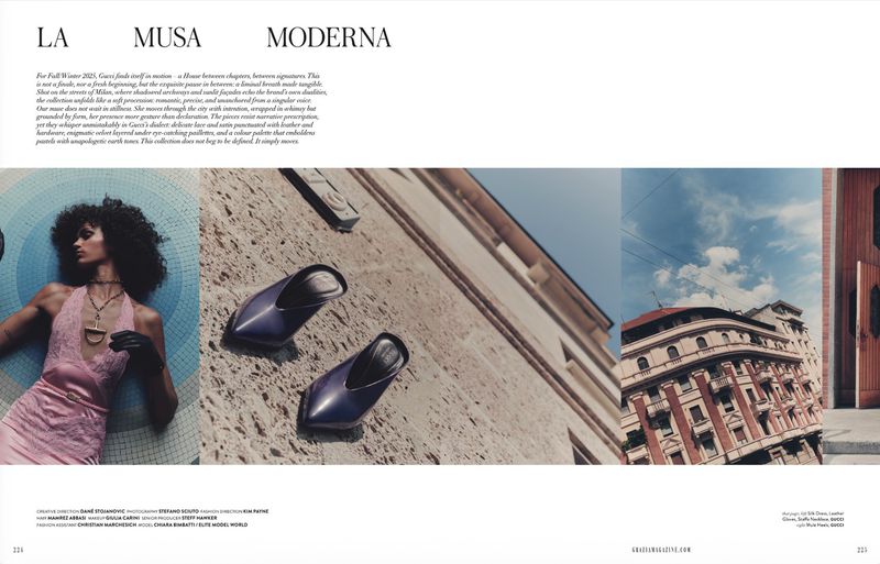 Fashion editorial featuring a woman in a pink dress, pair of pointed toe heels, and building exteriors with architectural details.