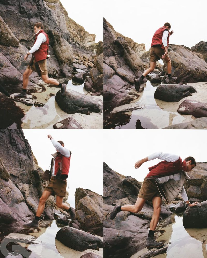 A man in shorts and a vest leaps between rocks on a rocky beach, captured in a four-panel grid composition with neutral lighting.