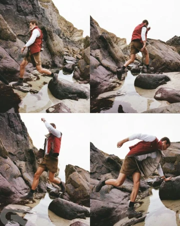 A man in shorts and a vest leaps between rocks on a rocky beach, captured in a four-panel grid composition with neutral lighting.