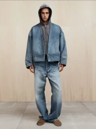 Male model wearing a blue denim jacket over a grey zip hoodie and matching denim jeans against a light wood panel backdrop.
