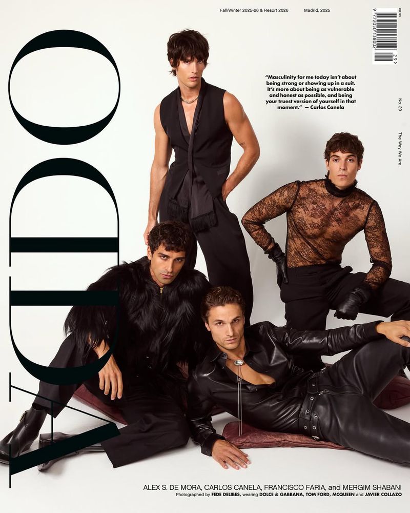 Fashion editorial shot featuring four adult male fashion models in black clothing on a white background with bold black text overlay.