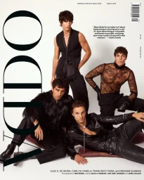 Four male models posing in black editorial fashion against a white studio background for ODDA Magazine.