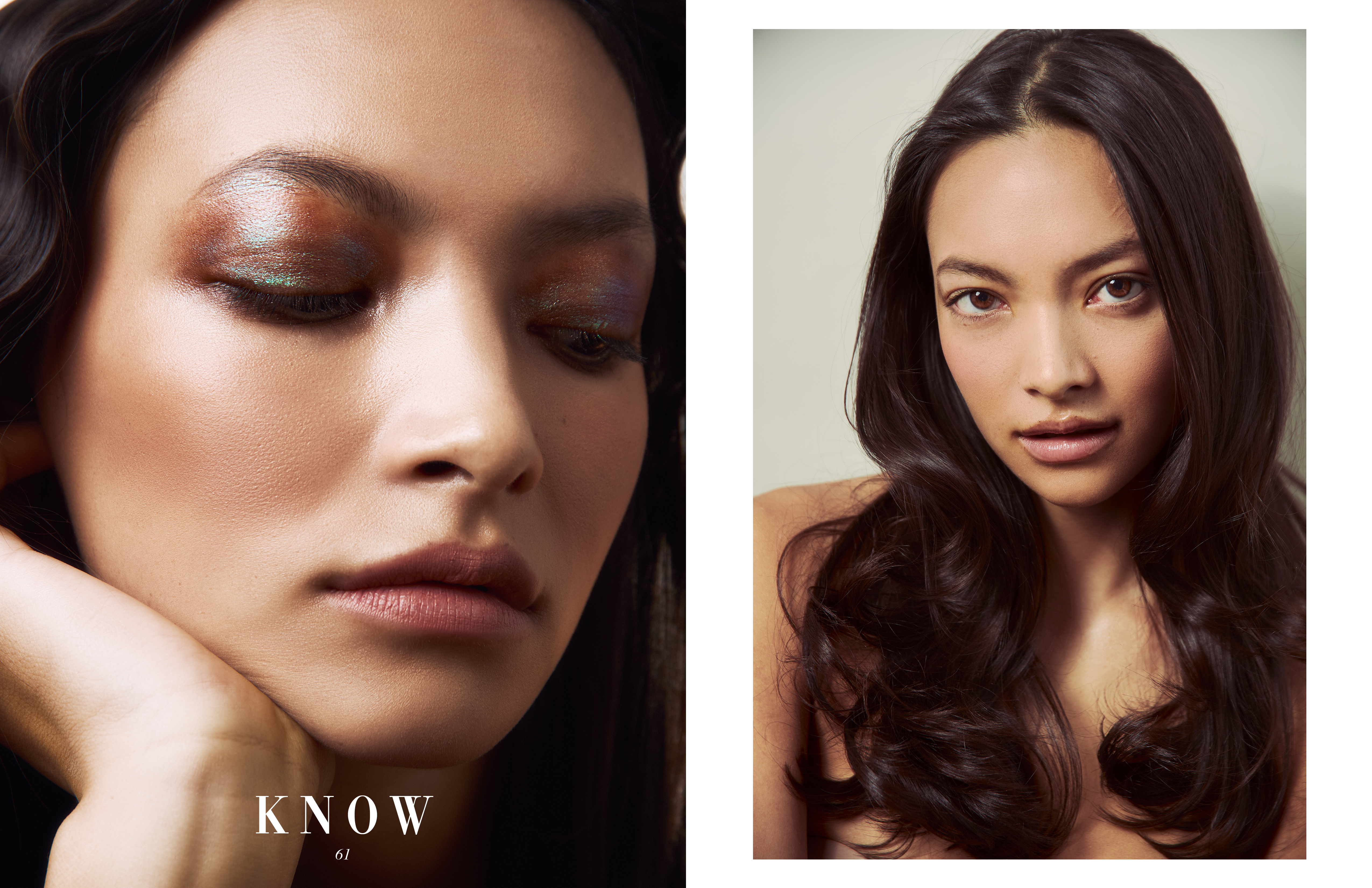 Close-up beauty shot featuring a young woman with dark hair and iridescent eyeshadow, styled in a studio with soft, diffused lighting.