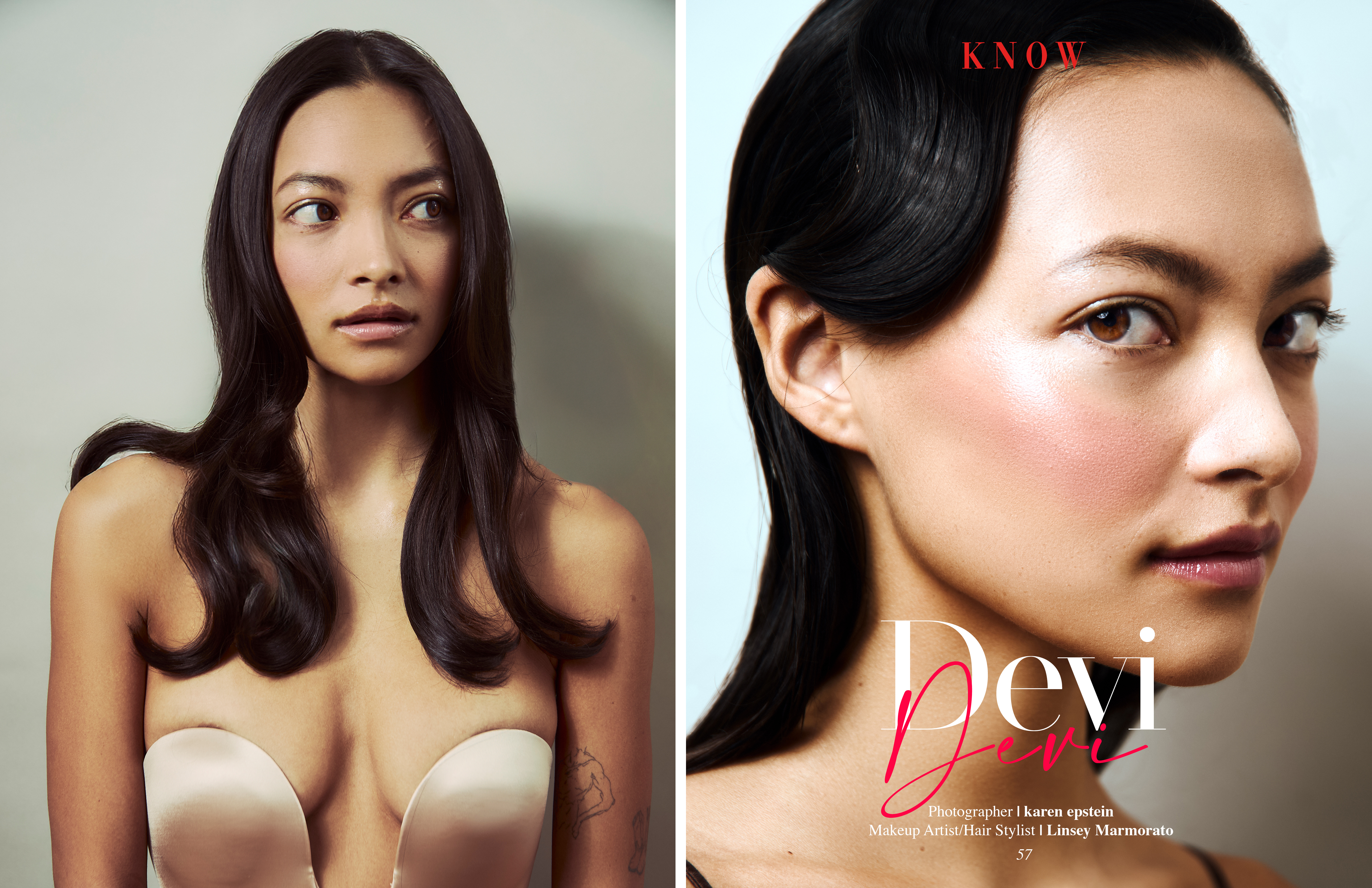 Portrait of a young adult woman with long dark hair and light skin wearing a strapless top in a photo studio with neutral background.