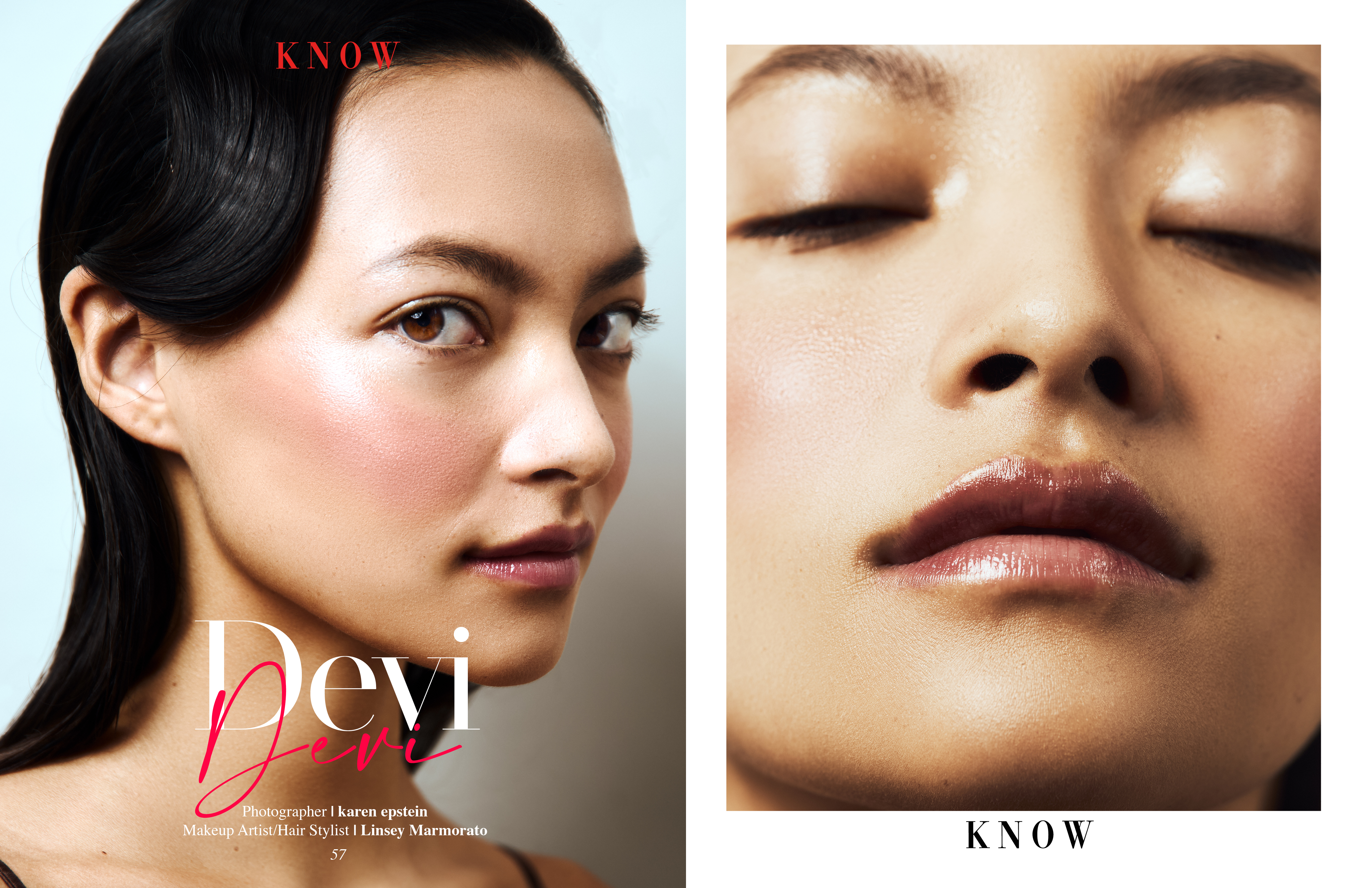 Portrait of a young Asian woman with glossy makeup and a sleek hairstyle, displayed as a magazine spread with editorial text.