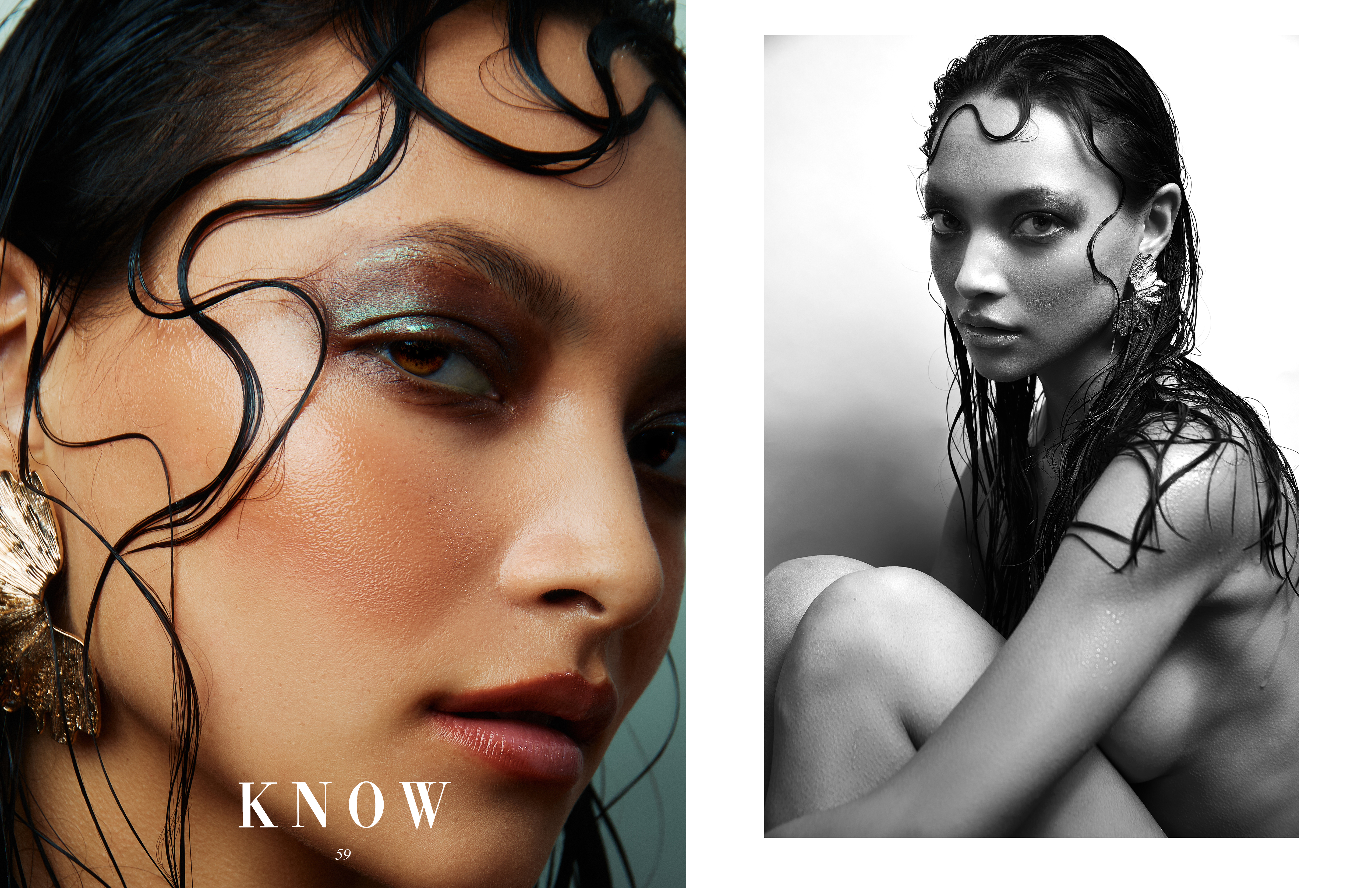 Close-up beauty shot of a woman with wet hair and gold earrings, alongside a black and white portrait in a white-walled photo studio.