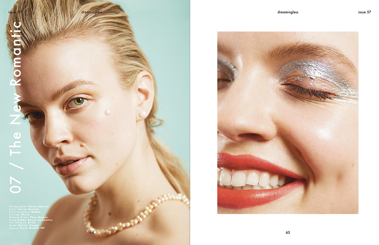 Magazine cover featuring a close-up portrait of a blonde female model with pearl necklace, set against a split aqua and white background.