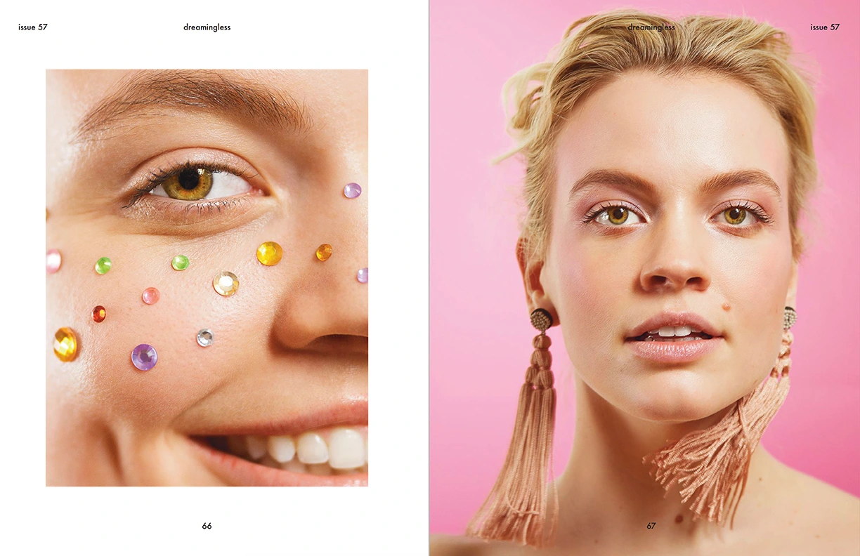 Editorial spread of a woman featuring colorful face gems in a tight crop and long fringe tassel earrings against a pink background.