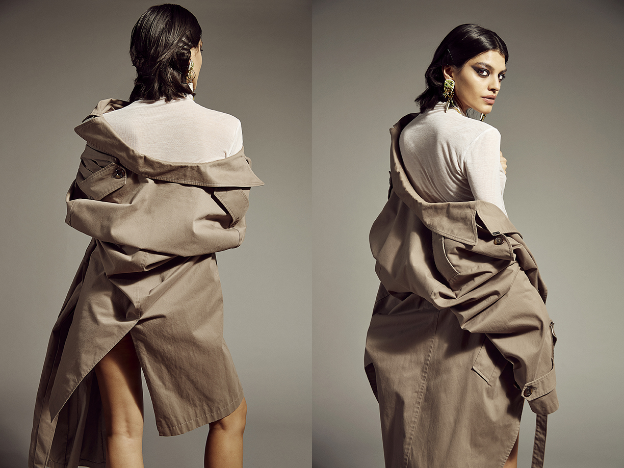 Diptych fashion portrait of a woman wearing a white long-sleeve top and an oversized beige trench coat draped over her shoulders.