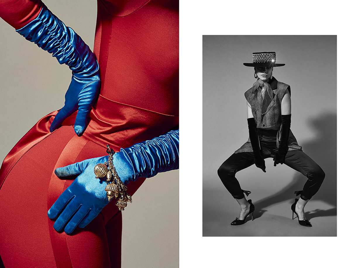 Two-panel fashion shot: red-suited person in blue gloves with charm bracelet versus posed model in hat, vest, and heels in B&W.