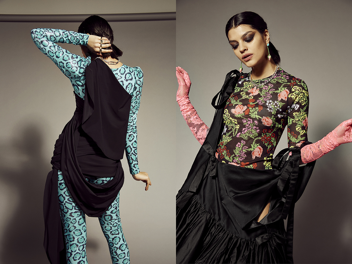 Two images show a woman in a floral top and a black skirt with ruffles, and another woman with a blue animal print suit and black dress.