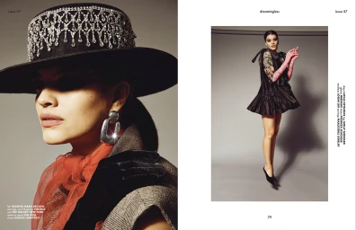 Editorial double-page spread featuring a woman in a crystal-embellished black hat and a full-length shot in a black mini dress.