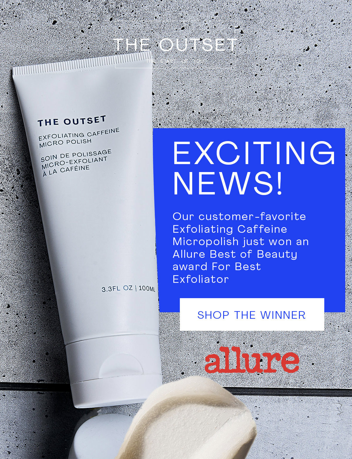 The Outset skincare tube on gray tile surface, with marketing message 'Exciting News!' and Allure award logo. Beauty product.