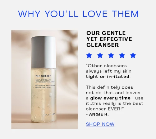 The Outset cleanser bottle product shot on beige background. Gentle Micellar Antioxidant Cleanser in clear packaging. Beauty advertisement.