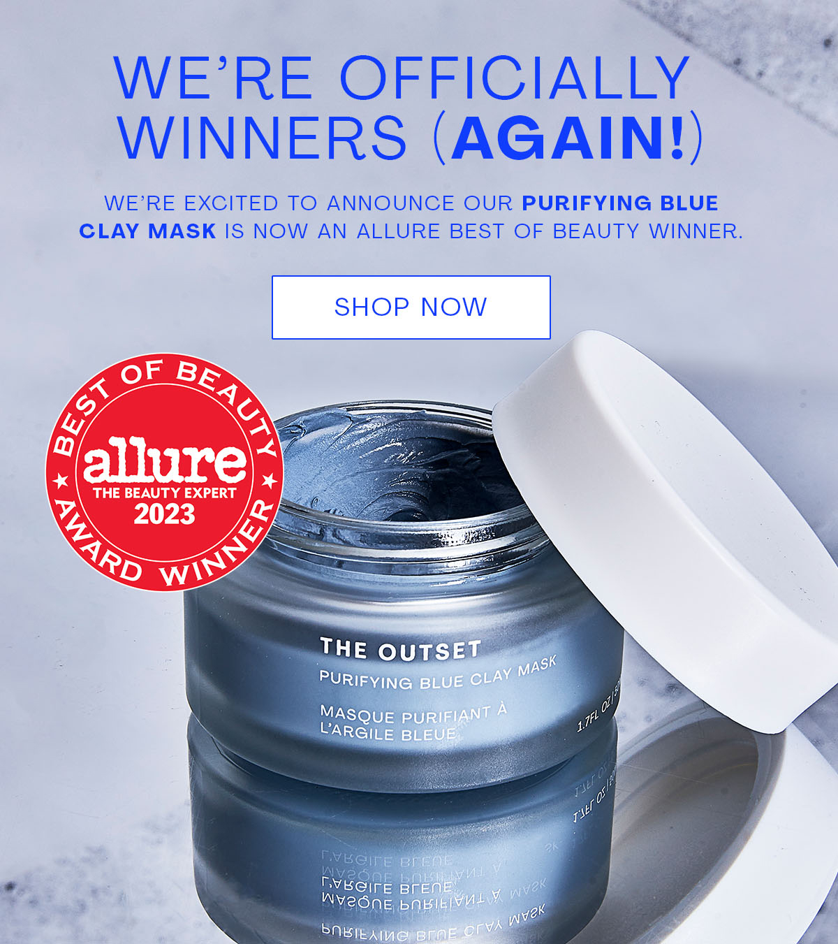 A jar of blue clay mask from The Outset is featured with an Allure Best of Beauty award, showcasing the product's recognition.