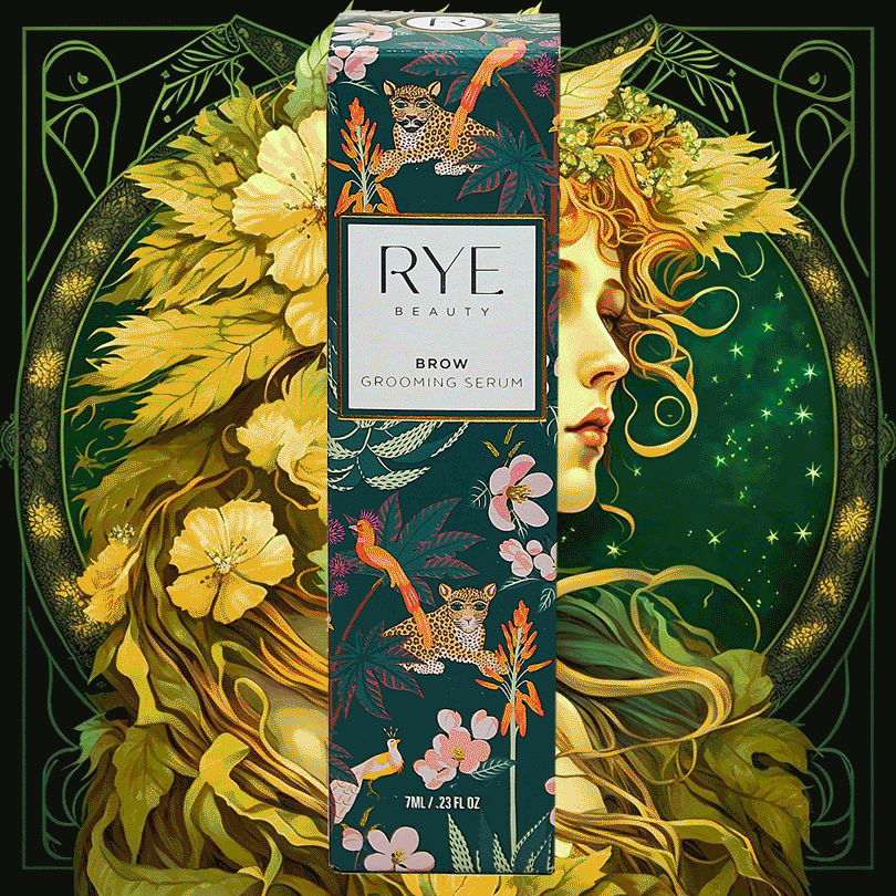 Rye Beauty brow grooming serum box against a backdrop of floral and artistic botanical imagery and a portrait of a woman.