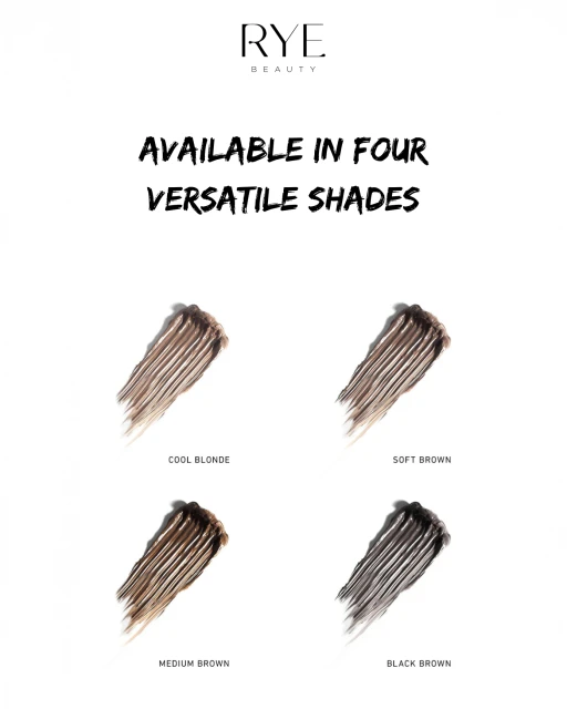 Rye Beauty showcases four versatile shades: Cool Blonde, Soft Brown, Medium Brown, and Black Brown, displayed with creamy textures on a white background.