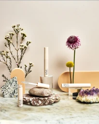 Rye Beauty cosmetic tubes, applicator wand, mineral stones, and botanical stems styled on a light marble tabletop.