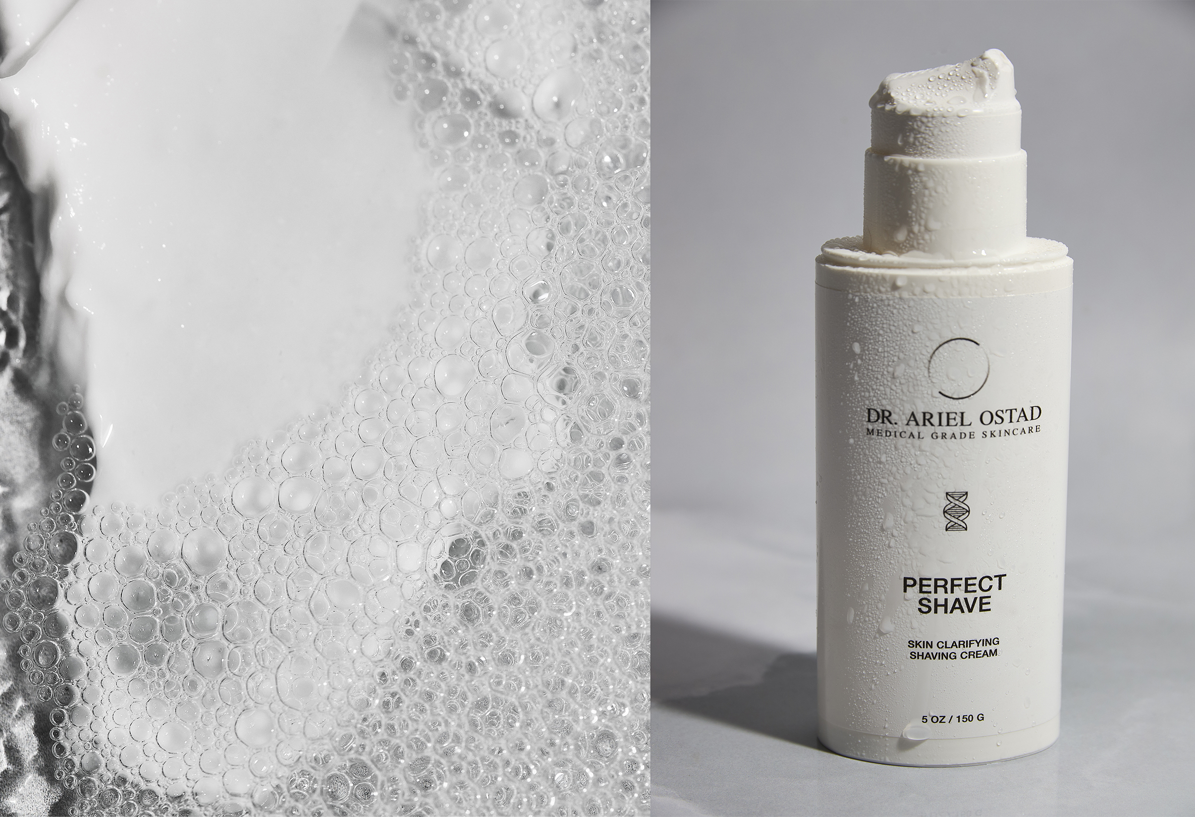 Cosmetic product shot features a white skincare container with bubbles. The label reads 'Perfect Shave Skin Clarifying Shaving Cream'.