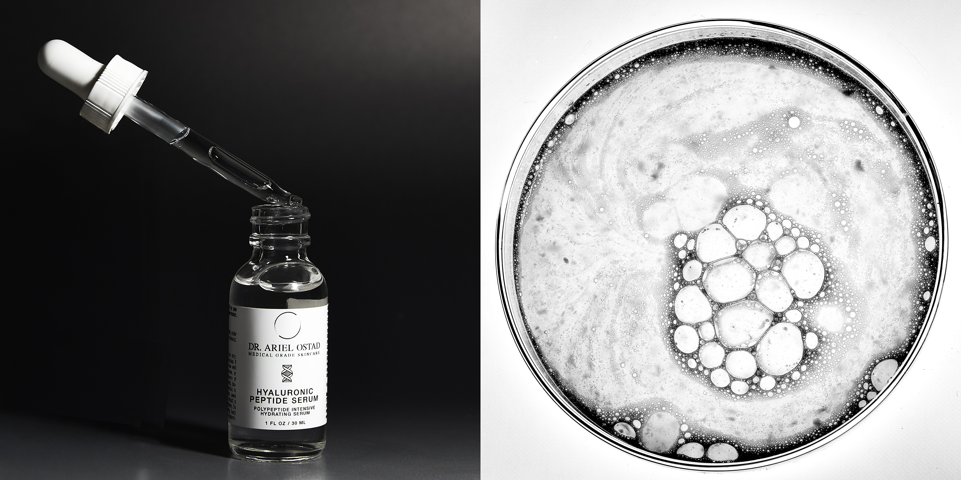 Cosmetic serum bottle with dropper on a black surface. A petri dish with serum liquid is to the right, showcasing product.