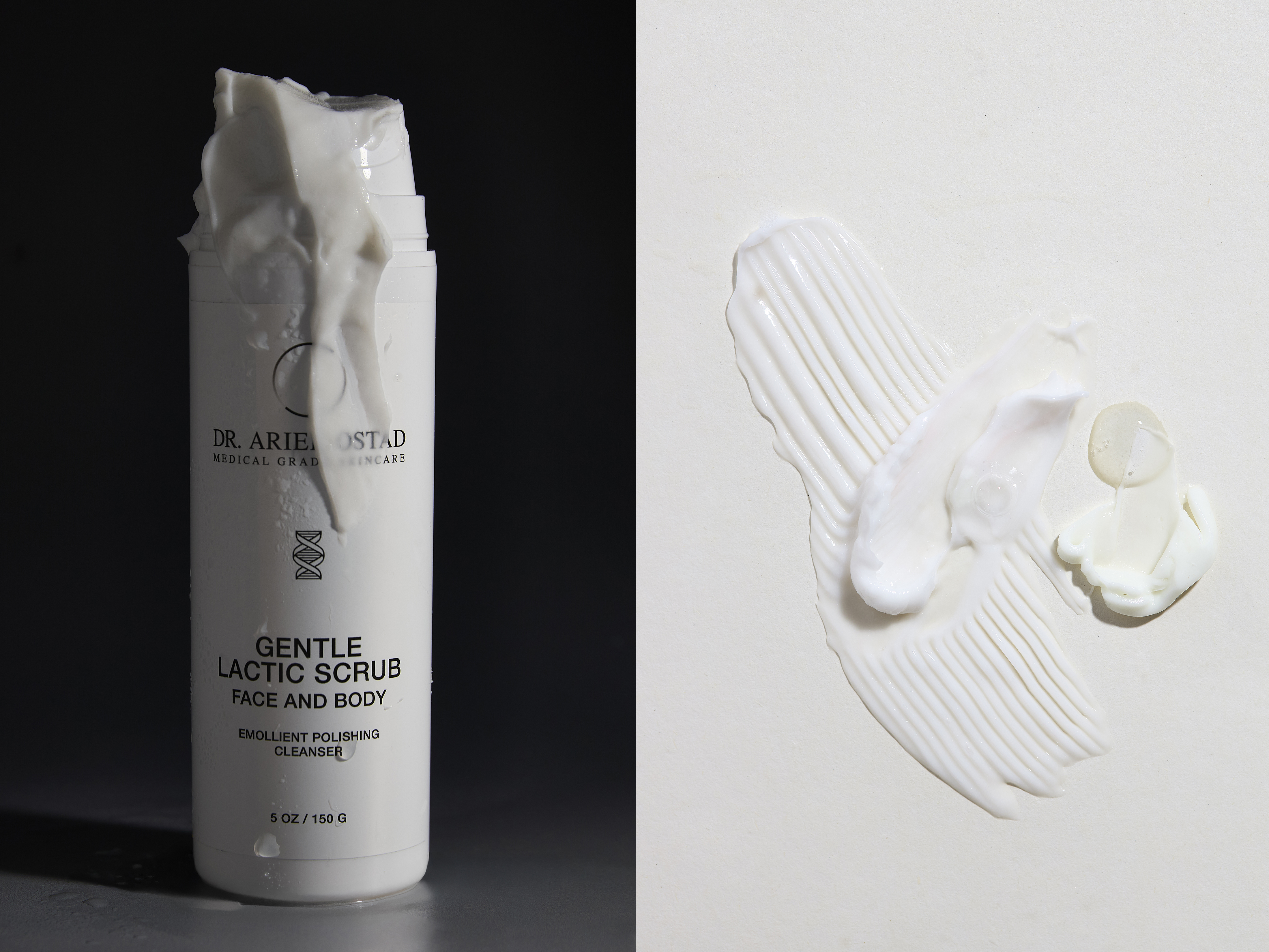 Cosmetic product photography featuring a white bottle of lactic scrub with a smudge of white cream on a split cream and black background.