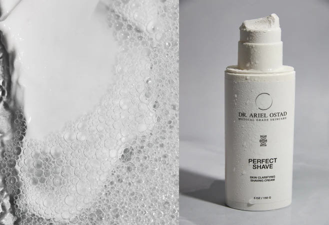 White bottle of Dr. Ariel Ostad shaving cream with water droplets next to a close-up of textured soapy foam lather.