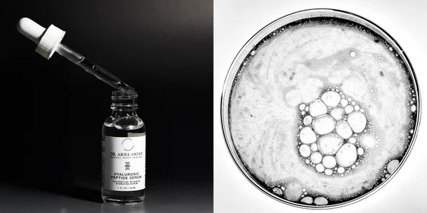 Dr. Ariel Ostad Hyaluronic Peptide Serum bottle with glass dropper alongside a circular macro view of the bubbling liquid formula.