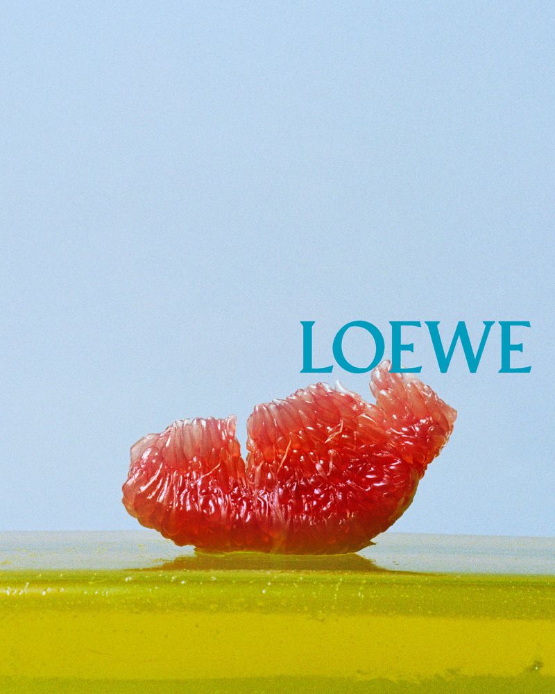 Still life featuring sliced grapefruit on a yellow surface against a pale blue background with the teal Loewe logo.