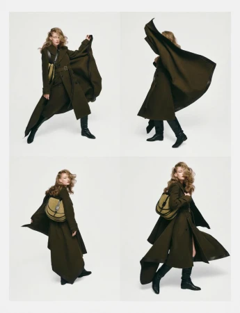 A fashion shot presents a woman with long wavy hair in a long trench coat, leather shoulder bag, and leather boots, against a white backdrop.