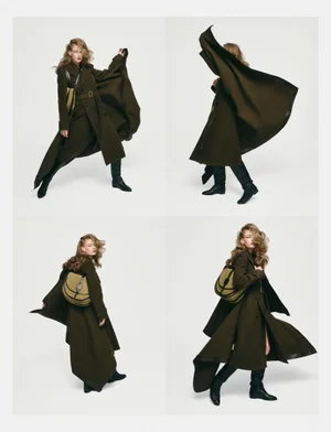Four-panel fashion editorial grid of a female model wearing a long olive green coat and carrying a shoulder bag against a plain white studio background.